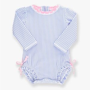Ruffle Butts Seersucker blue Long Sleeve Rash Guard One Piece, 12-18m, worn once